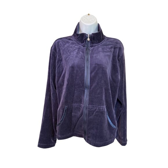 Erika Women’s Navy Velour Zip Jacket L Purple Lounge Casual Retro Y2K Track Coat - Picture 2 of 7